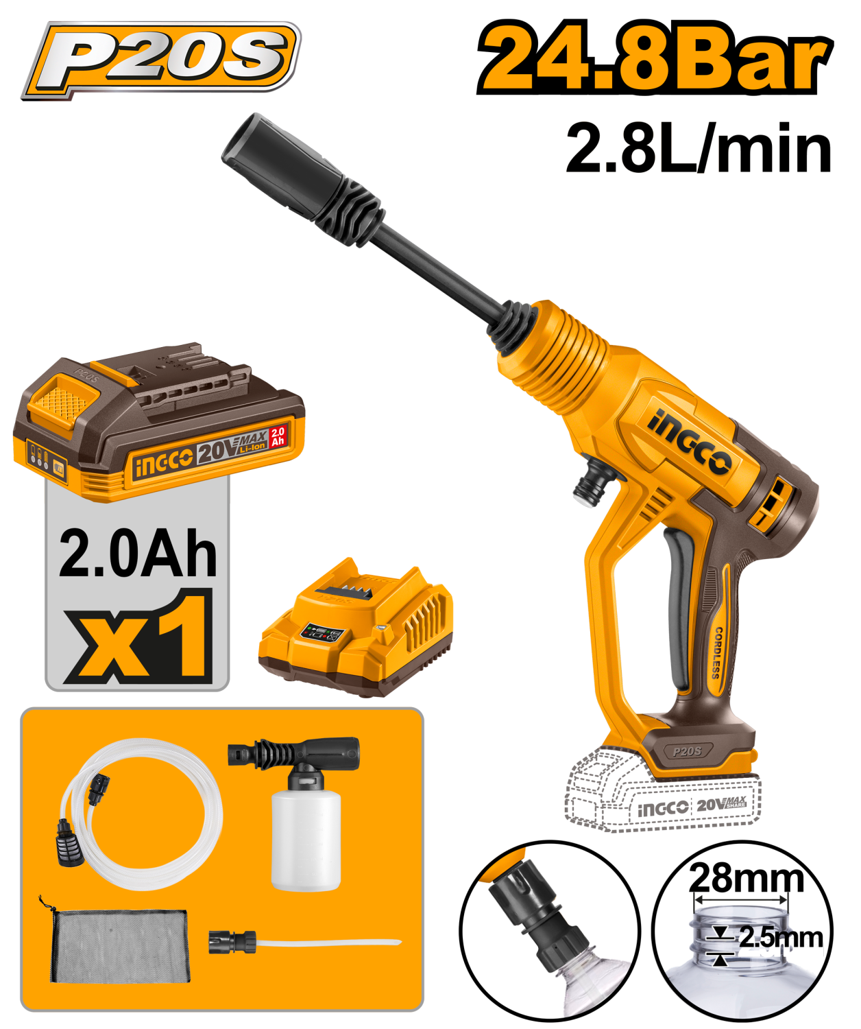 Cordless pressure washer 20V - 24.8 Bar 2.8Lمضخة غسيل شحن 20 فولت ليثيوم مع بطارية وشاحن