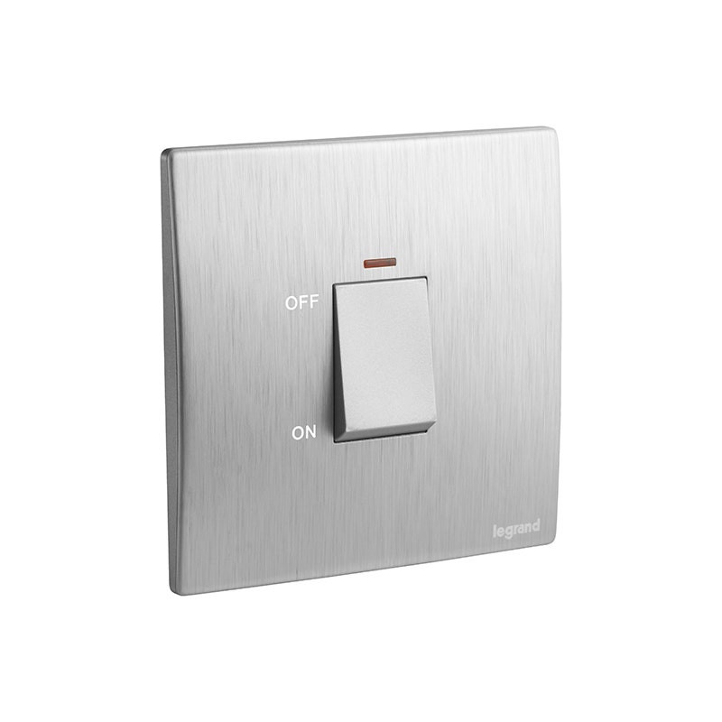 LEGRAND - Double Pole Switch Mallia Senses, HK, 1 Gang, 1 Way, 45A, 250V, with Red Indicator, Brushed Aluminium