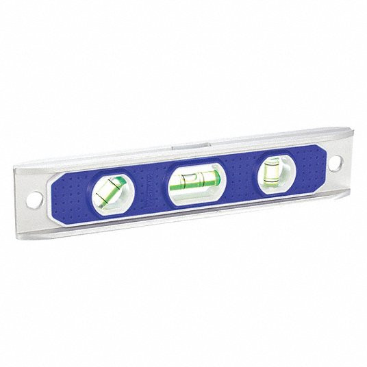 Torpedo Level, 9 inch Lg, 3 Vials, Blue, Top Read, Aluminum, Magnetic