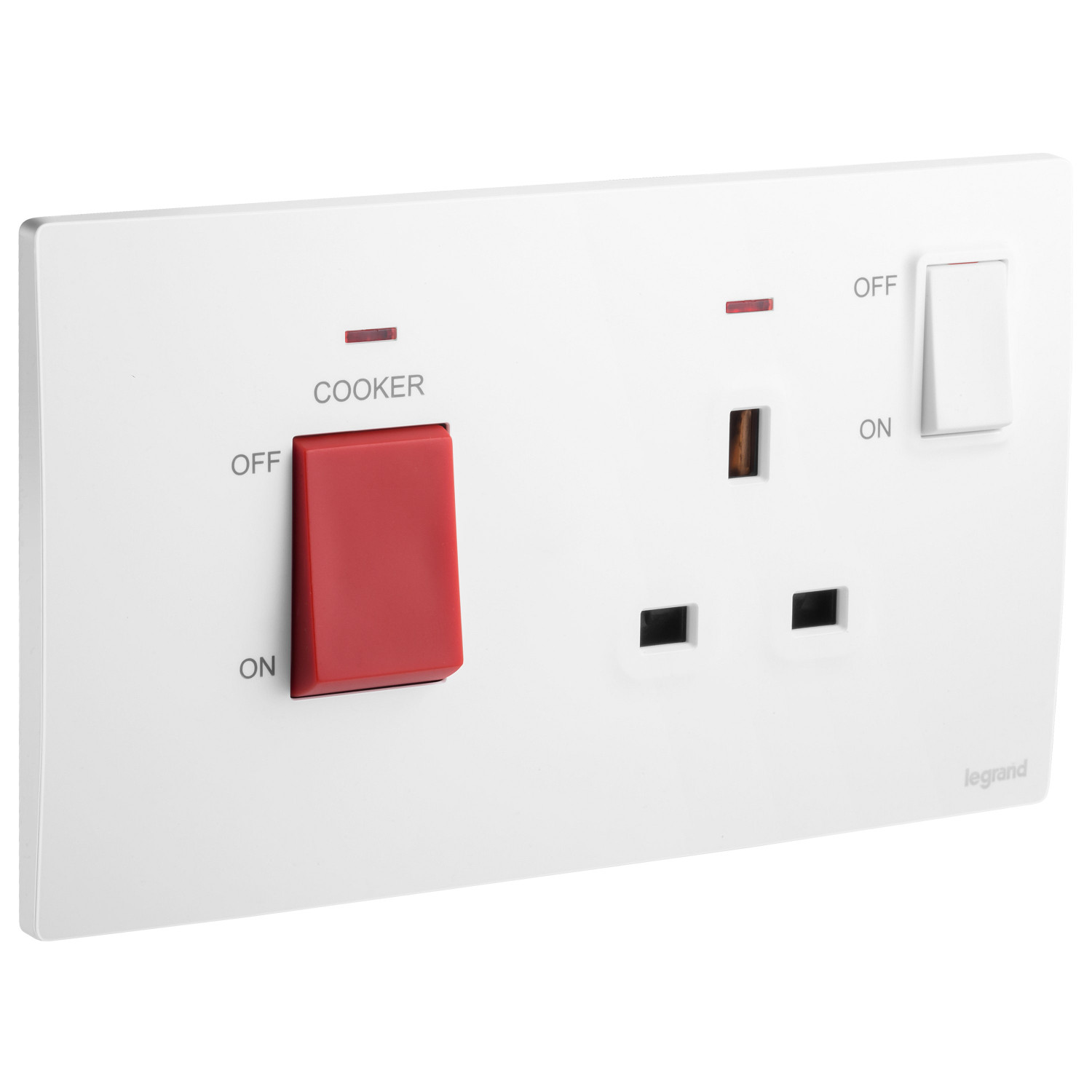 LEGRAND - Cooker Control Unit Mallia, 45 A, Double Pole Switch + 13 A switched Socket with Indicator, Matt White