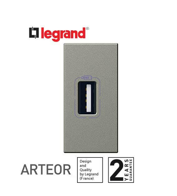 LEGRAND - USB Charger Arteor, Single USB Sockets, Type-A, 5V, 1.5A, 1 Mod, Magnesium