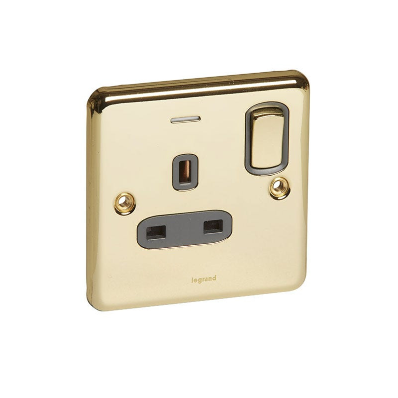 LEGRAND - Double Pole Socket Synergy Authentic, 1 Gang, Switched, 13A, 250V, with Blue LED Power Indicator, Glossy Gold