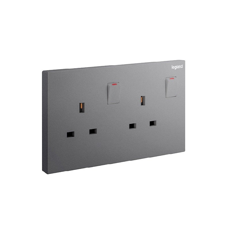 LEGRAND - Double Pole Socket Galion, BS, 2 Gang, Switched, 13A, 250V, Dark Silver