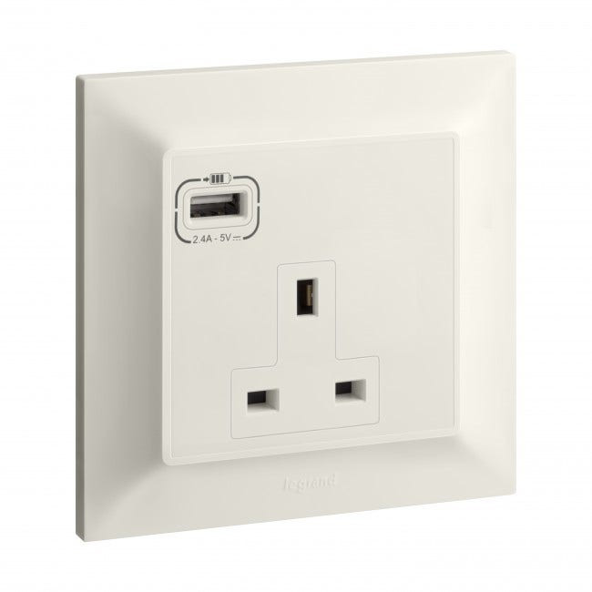LEGRAND - British standard socket outlet with USB Type-A charger Belanko S - 13A x 250V~ 1 gang unswitched - Ivory