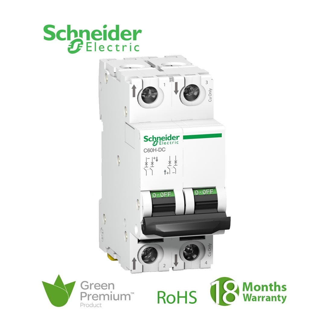 SCHNEIDER - MCB Breaker, Acti9 C60H, 2P, 1A, C curve