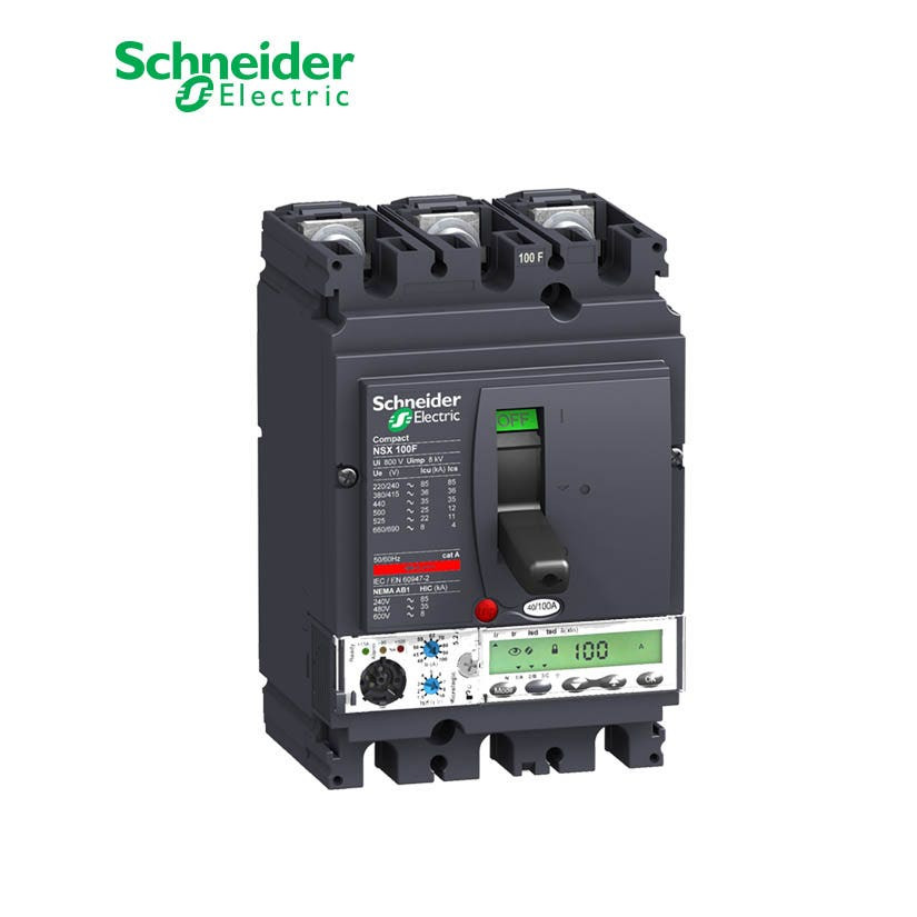SCHNEIDER - MCCB Breaker, ComPact NSX100F, 36 kA at 415 VAC, MicroLogic 5.2A Trip Unit 100A, 3P 3d