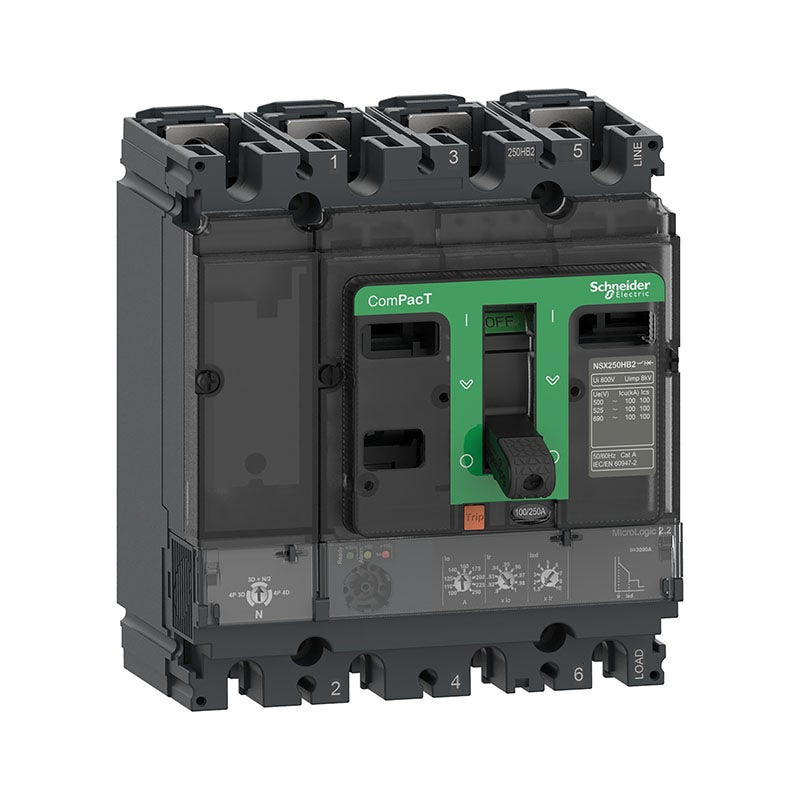 SCHNEIDER - MCCB Breaker, ComPacT NSX160F, 36kA at 415VAC, MicroLogic 2.2 Trip Unit 160A, 4P 4D