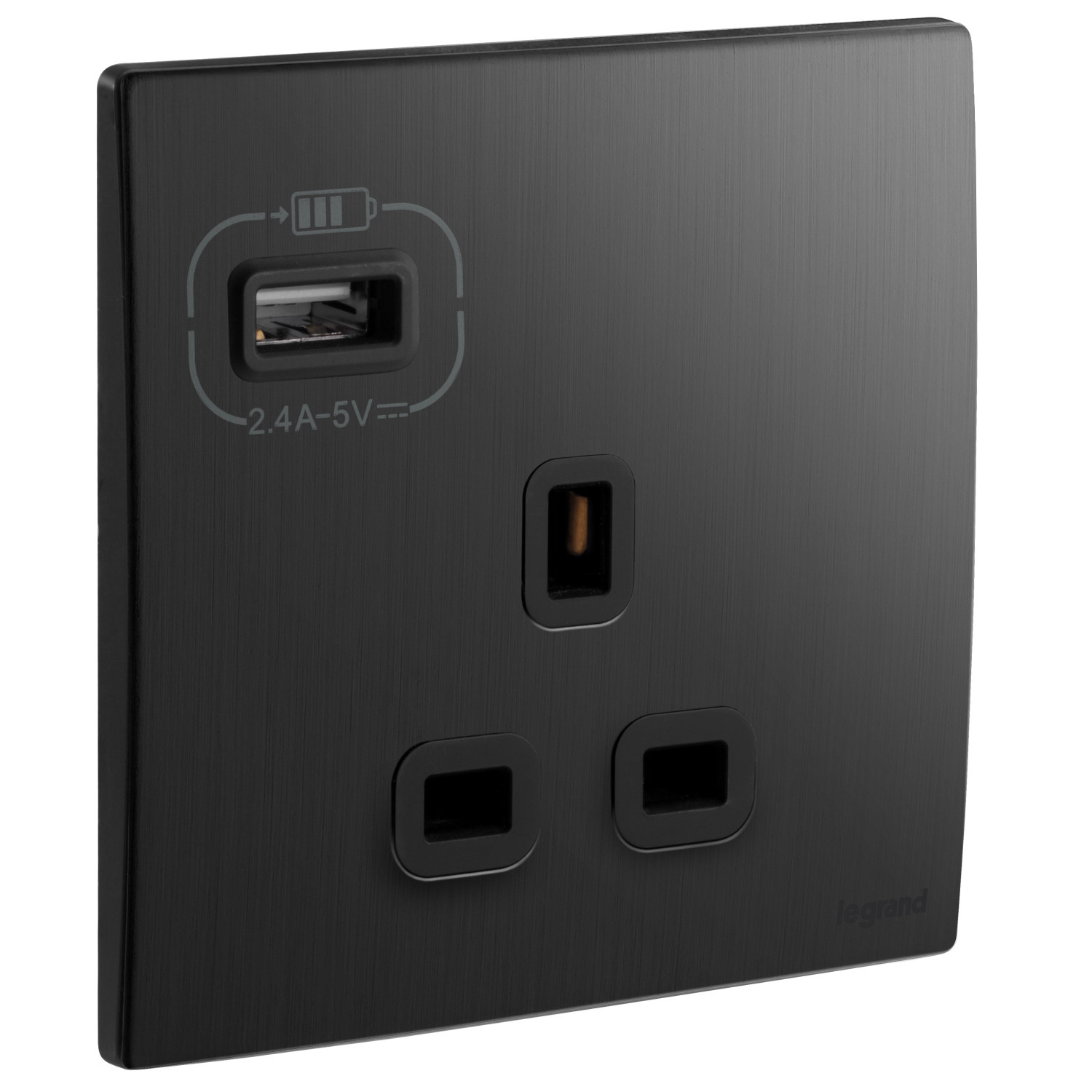LEGRAND - British Standard Single Pole Socket Outlet with USB Type-A 2.4 A Charger Mallia, 1 Gang, Unswitched, 13 A, 250 V~, Brushed Black