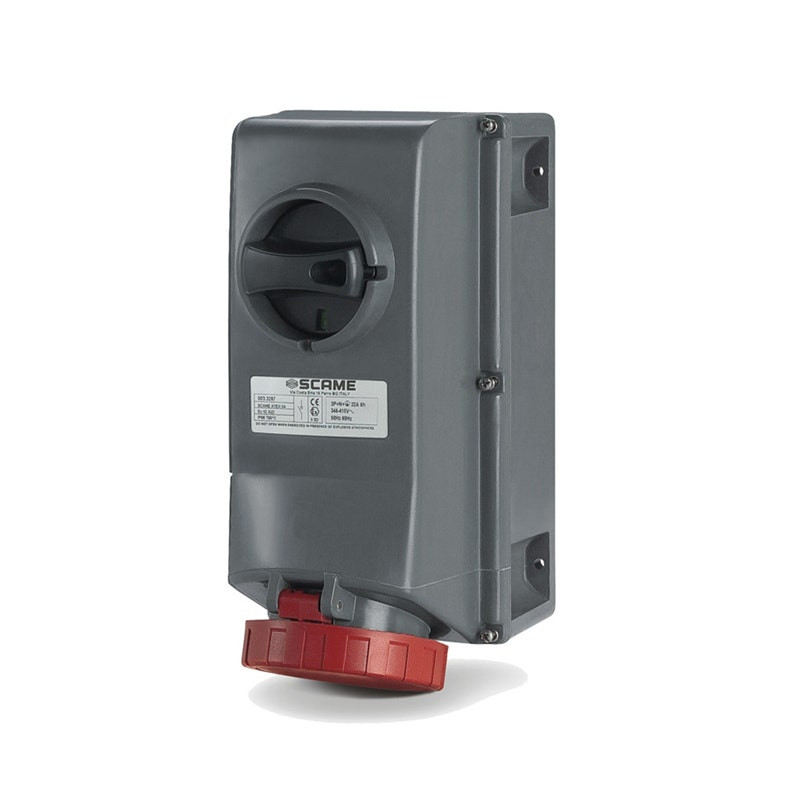 SCAME - Interlocked Socket, 32A, 2P+E, 6h, IP66, 200-250V, II 2D, Screw Terminals, with Mechanical Interlock