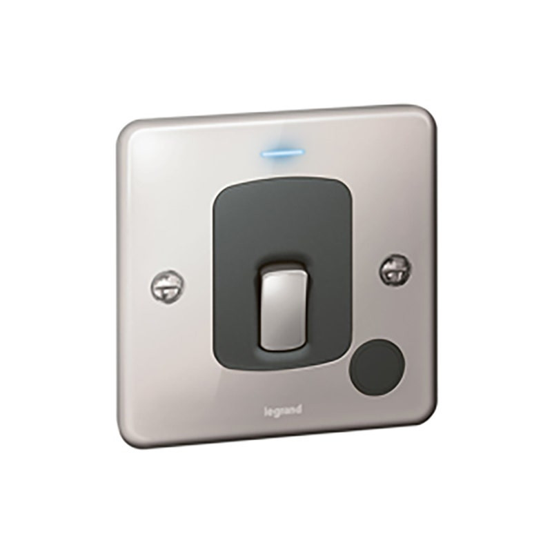 LEGRAND - Double Pole Switch Synergy Authentic, 20A, 250V, with Blue LED Power Indicator + Cord Outlet, Polished Stainless Steel