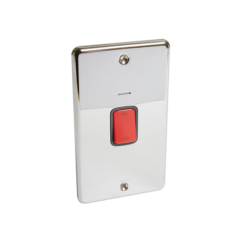 LEGRAND - Double Pole Switch Synergy Authentic, 2 Gang, 45A, 250V, with Blue LED Power Indicator, Vertical, Polished Stainless Steel