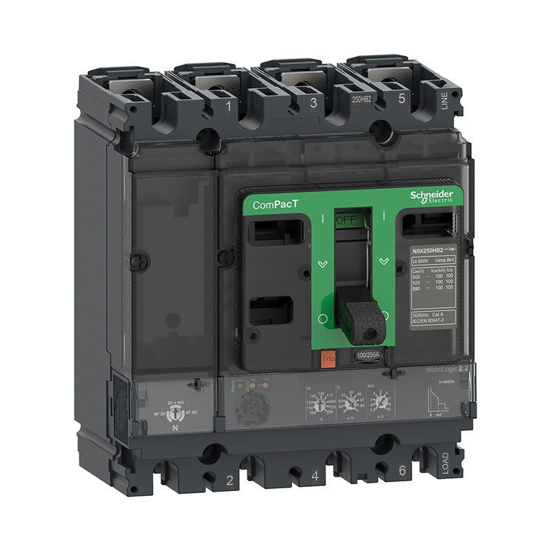 SCHNEIDER - MCCB Breaker, ComPacT NSX250N, 50kA at 415VAC, MicroLogic 2.2 Trip Unit 250A, 4P 4D