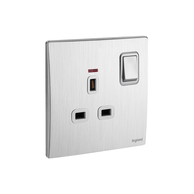 LEGRAND - Double Pole Switched Socket Outlet Mallia Senses, BS, 1 Gang, 13A, 250V, with Led, Brushed Aluminium
