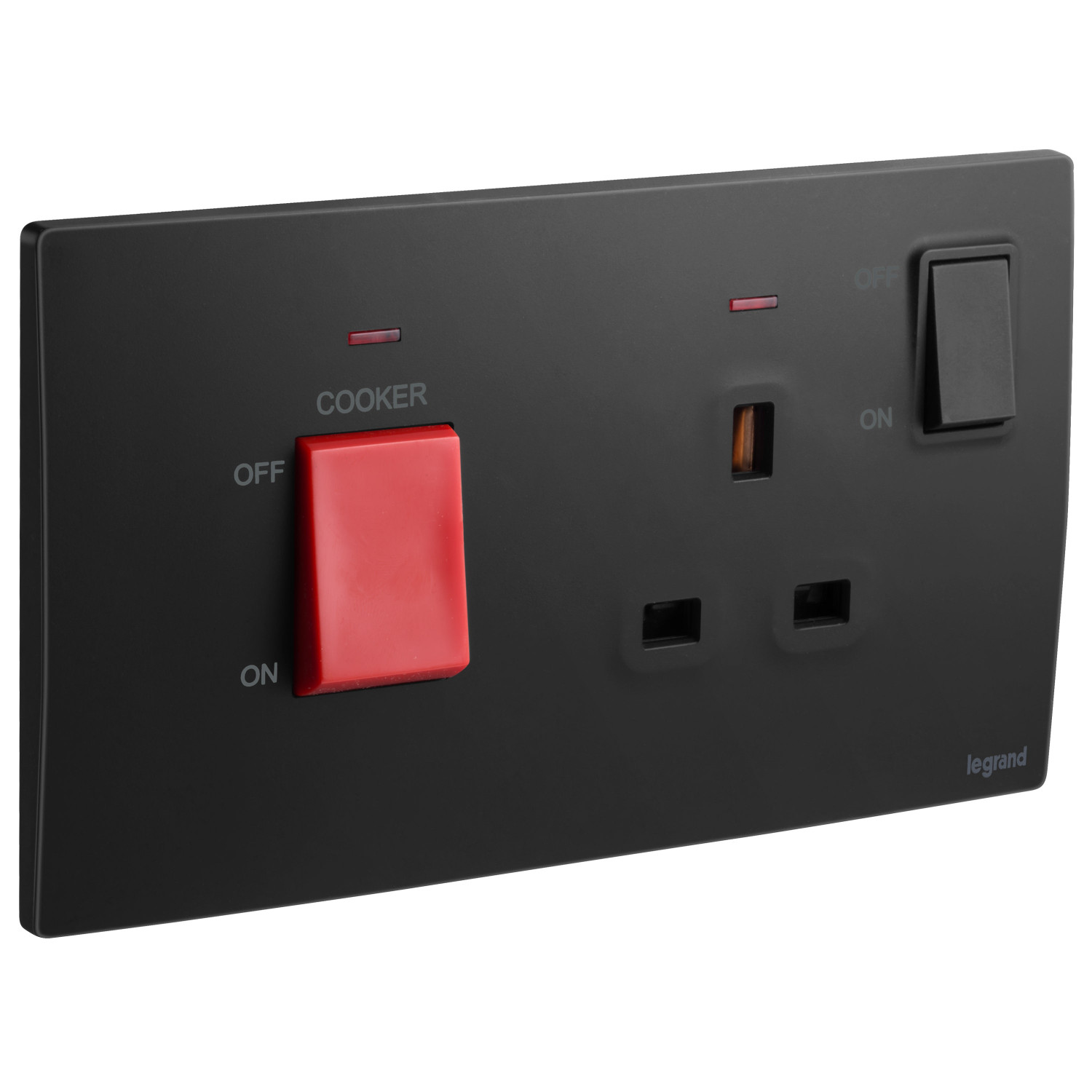 LEGRAND - Cooker Control Unit Mallia, 45 A, Double Pole Switch + 13 A switched Socket with Indicator, Matt Black
