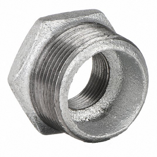 Hex Bushing: Malleable Iron, 1 1/2 in x 1/2 in Pipe Size, NPT x NPT, Class 150