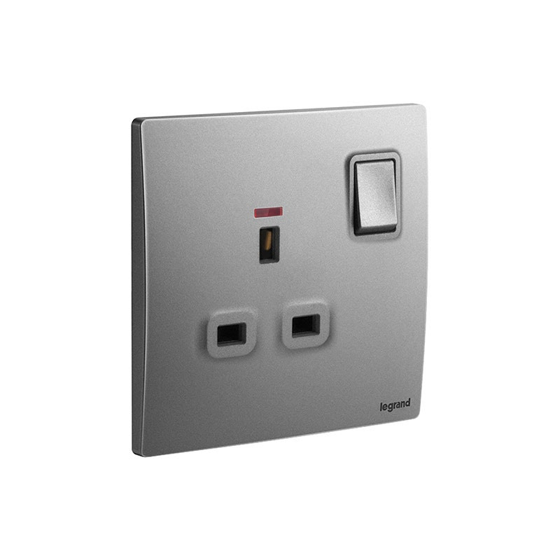 LEGRAND - Double Pole Switched Socket Outlet Mallia Senses, BS, 1 Gang, 13A, 250V, with Led, Dark Silver