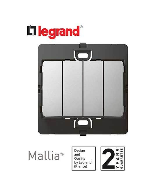 DISCONTINUED LEGRAND - Single Pole Switch Mallia, 4 Gang, 1 Way, 10 AX, 250 V~, Silver
