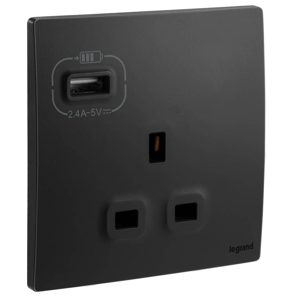 Legrand - Fish Mallia - 13 Amp with USB Output - UK Specifications - Black