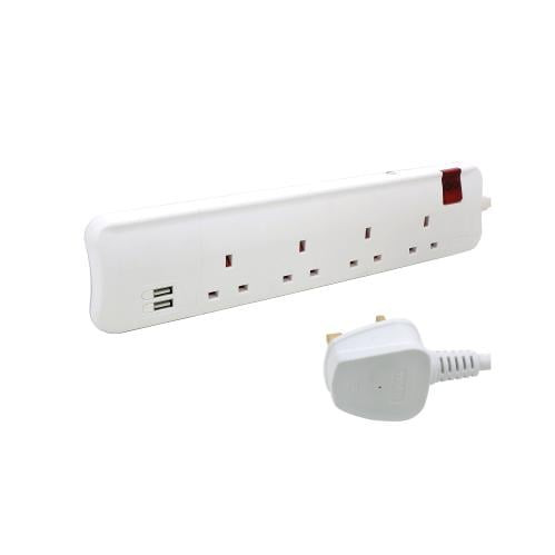 Legrand British Standard Power Strip - 13 Amp - 4 Sockets with 2 USB Ports - 3m Length - White - 698530