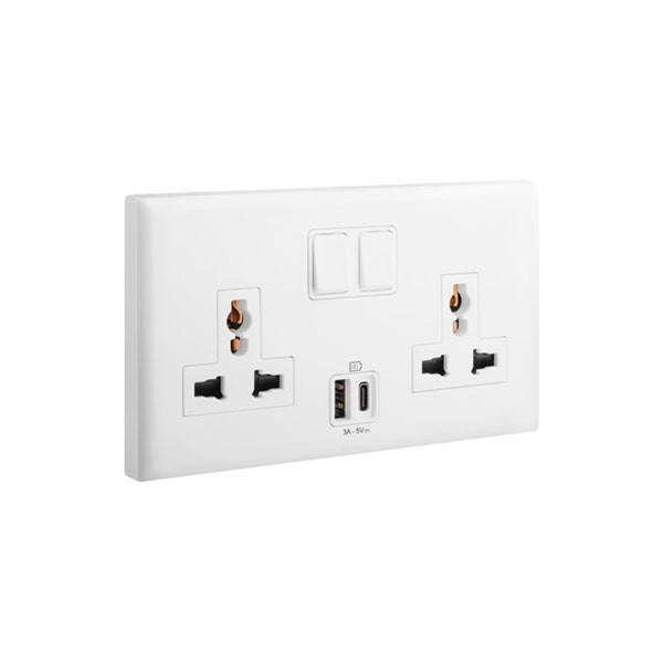 ليجراند - مقبس إلوي، متعدد المعايير، مفرد، أحادي القطب، Switched + USB-A + USB C، 16A، 250V، أبيض