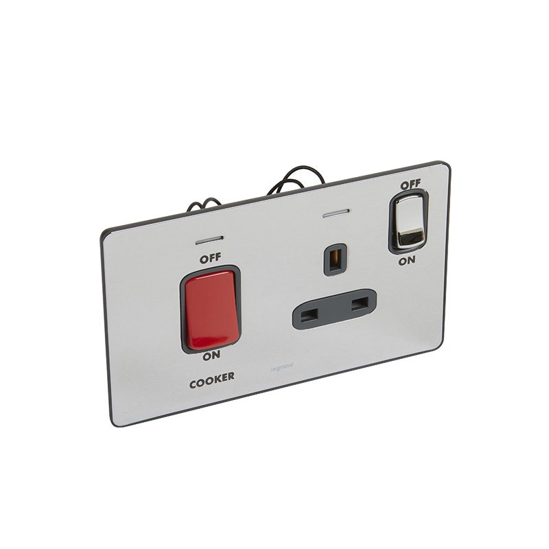 LEGRAND - Double Pole Switch Synergy Sleek, 2 Gang, 45A, 250V, with BS 13A Switched Socket Outlet + Cooker Marking, Polished Stainless Steel