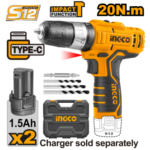 Cordless impact drill hammer 12V 20Nm USB Type-C with 2 battery 1.5Ahدريل شحن 12 فولت شاكوش 2 بطارية مع شنطة