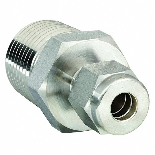 Male Connector, 1/2 in Tube Size, 3/8 in Pipe Size - Pipe Fitting, Metal, 13/16 in Hex Size